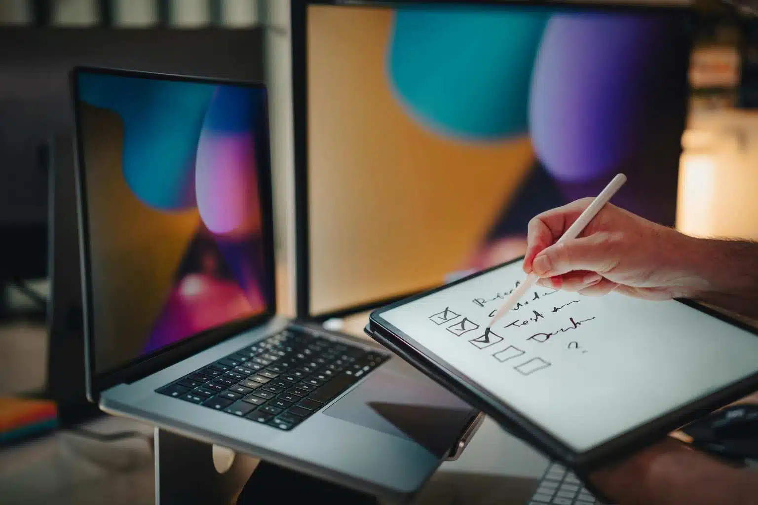 A hand uses a stylus to check off items on a digital notepad while a laptop and colorful monitor display vibrant graphics in the background.