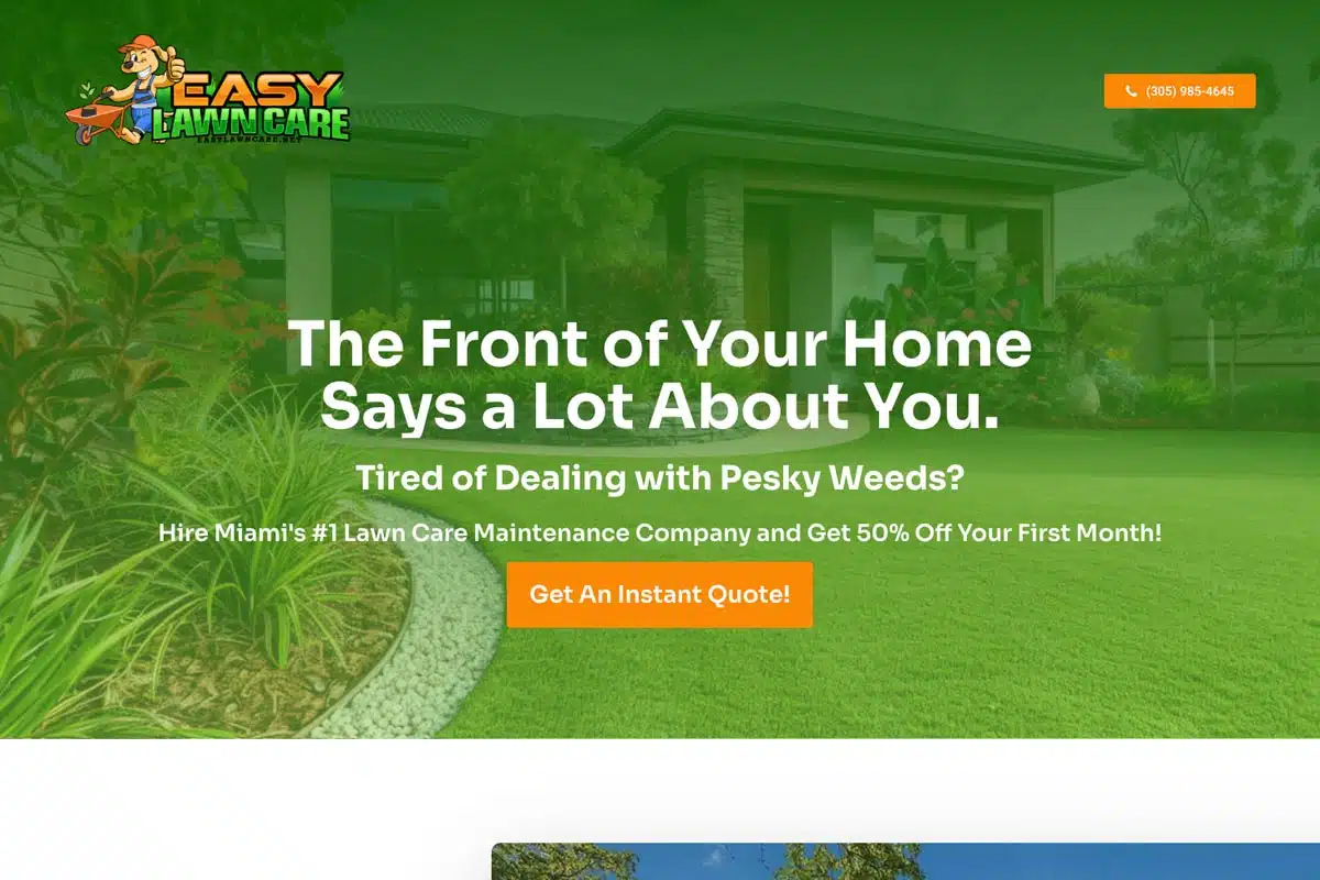 A vibrant lawn and landscaped front yard with promotional text for Easy Lawn Care services in Miami, offering discounts on maintenance.