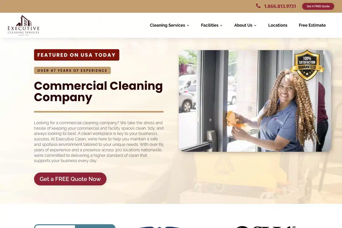 A person in a blue shirt cleans a window, showcasing a commercial cleaning service advertisement with a satisfaction guarantee badge.