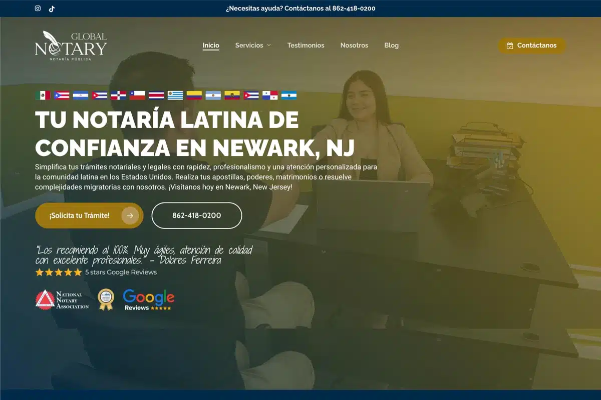 A notary public office in Newark, NJ, featuring a professional setup with documents, a laptop, and supportive service for the Latino community.