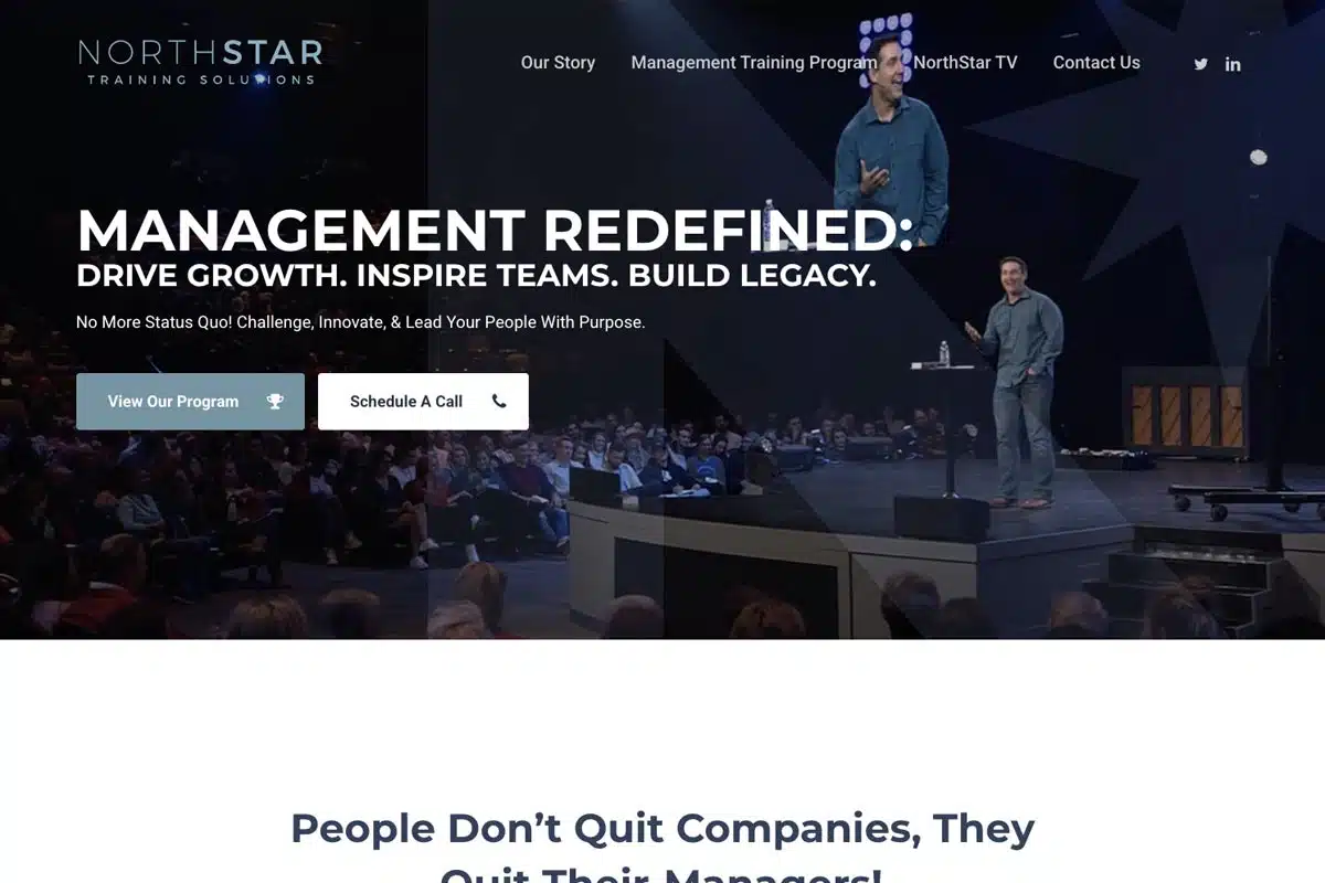 A speaker engages a large audience at a professional training event, with branding for NorthStar Training Solutions prominently displayed.