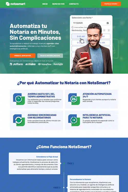A digital marketing webpage for NotaSmart, promoting automated notary services with a modern design and feature highlights for efficiency.