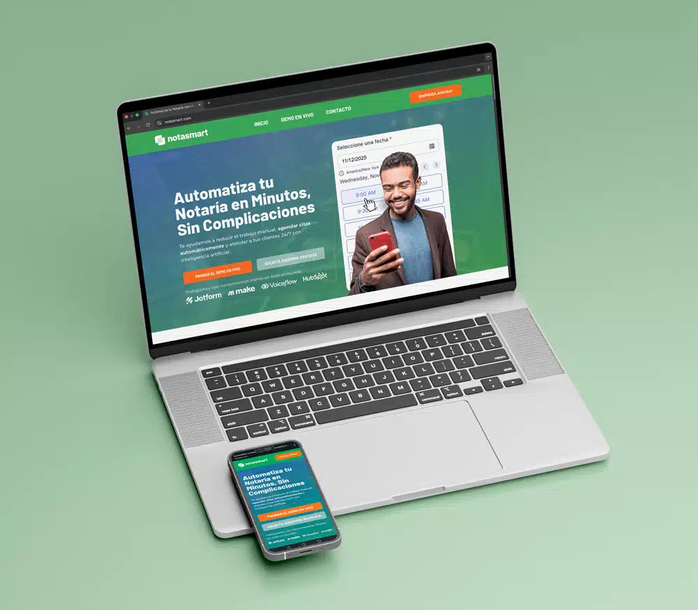 A laptop and smartphone display the NotaSmart website, promoting an easy notary automation service on a green background.