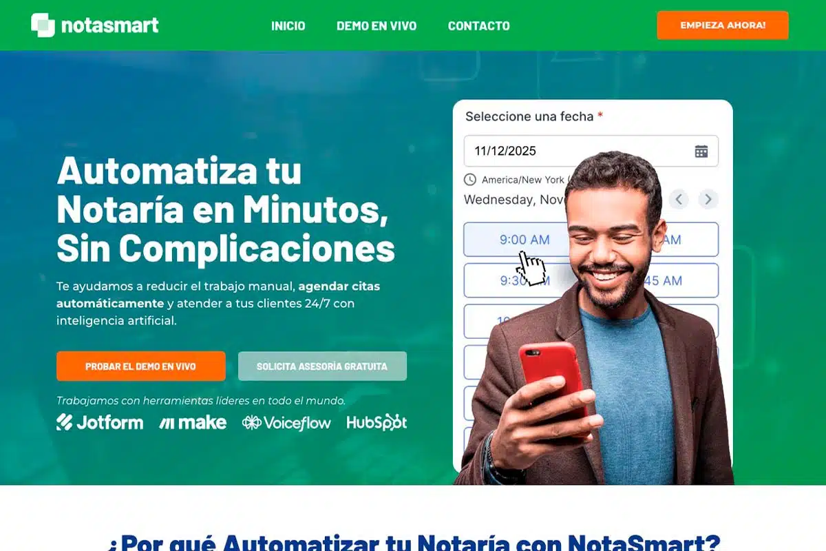 A website promoting NotaSmart, showcasing a man selecting an appointment time on his phone, with highlighted benefits for notaries.