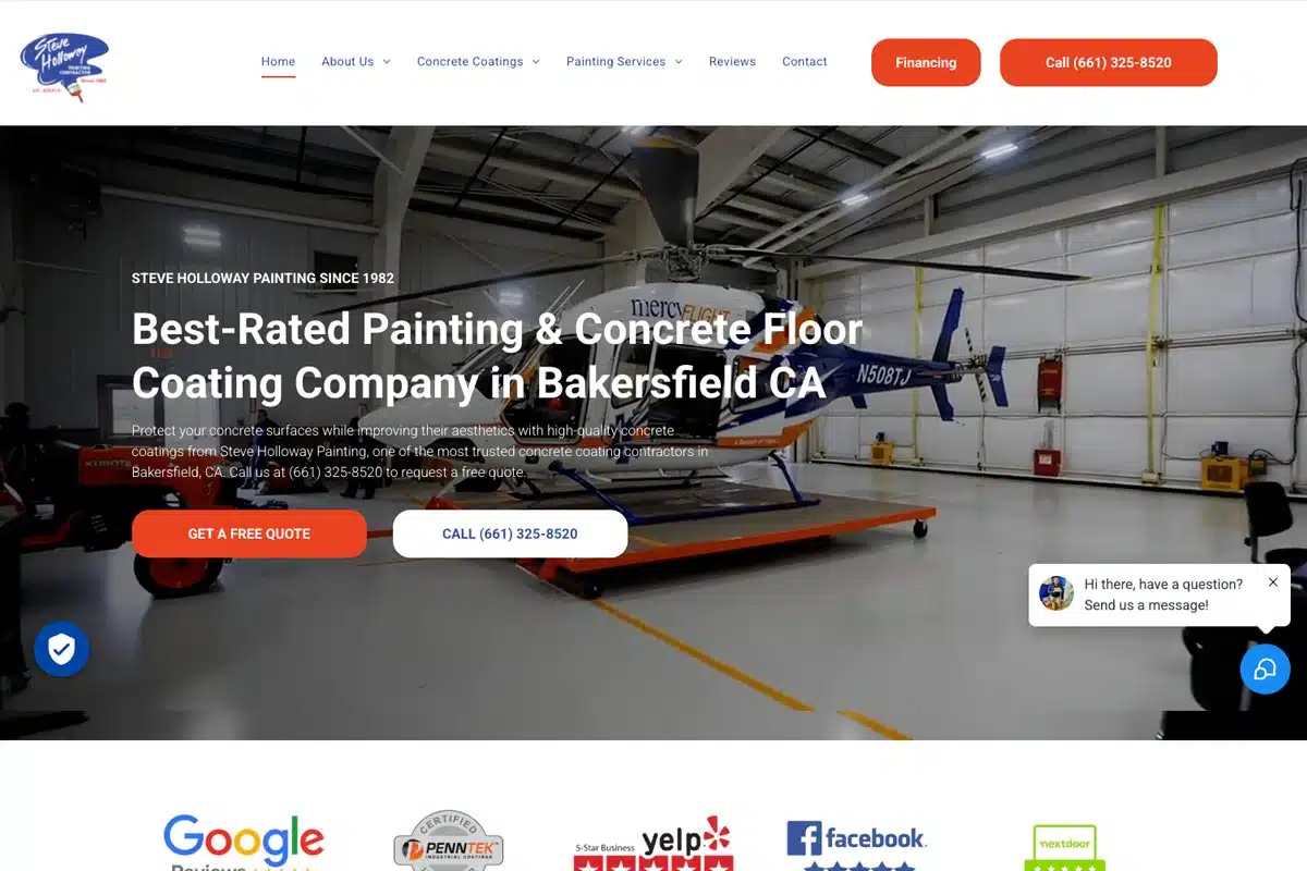 Homepage of Steve Holloway Painting features a helicopter in a hangar, promoting concrete and painting services in Bakersfield, CA.