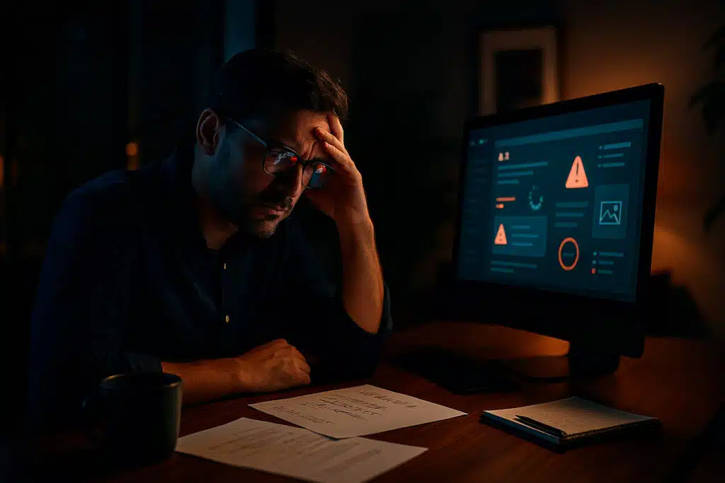 A person sits at a desk in low light, stressed, with a computer screen displaying warning alerts and papers scattered around.
