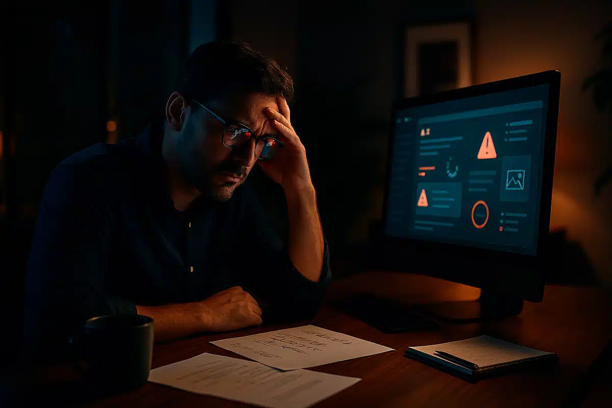 A person sits at a desk in low light, stressed, with a computer screen displaying warning alerts and papers scattered around.