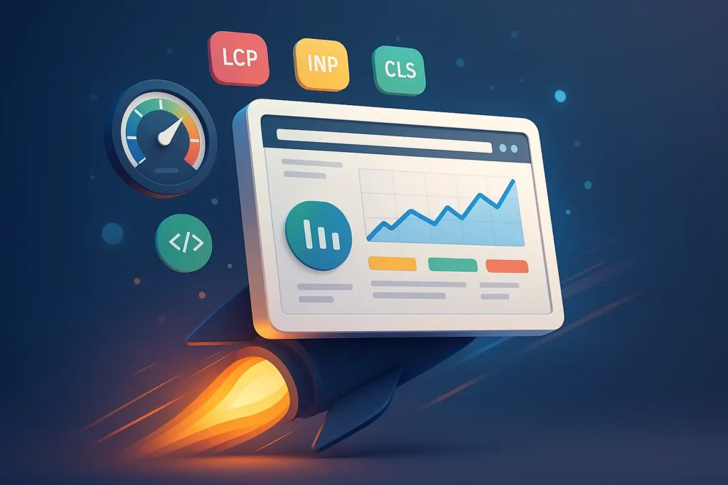 Illustration of PageSpeed Insights performance dashboard showing website speed metrics and ranking signals