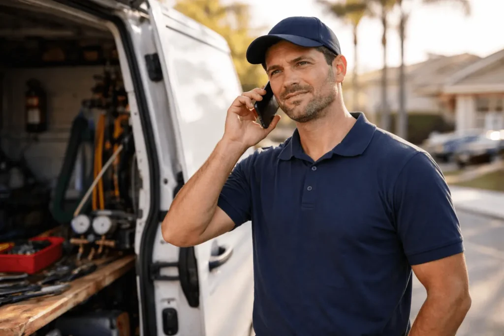 HVAC technician in San Jose answering phone call next to service van
