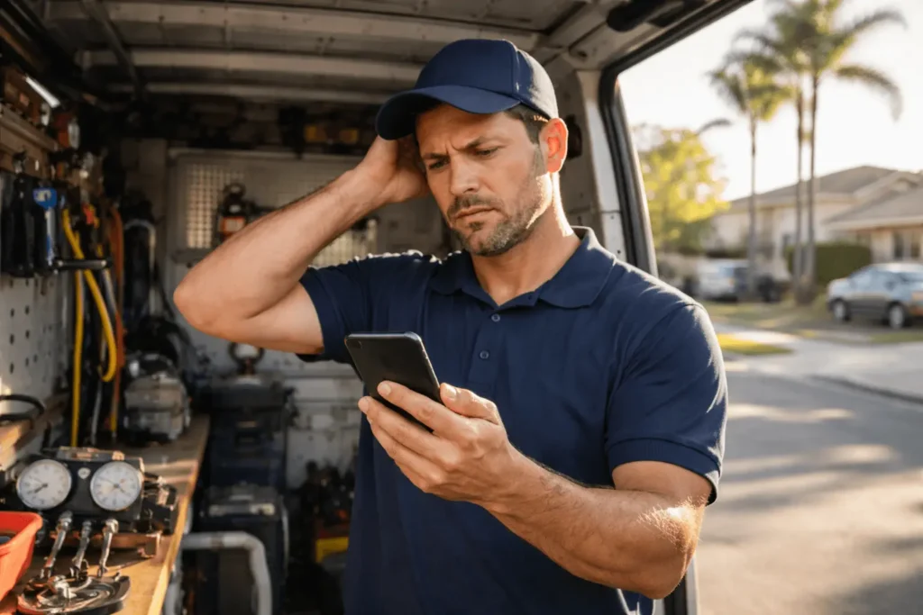 HVAC business owner in San Jose checking phone with no incoming calls