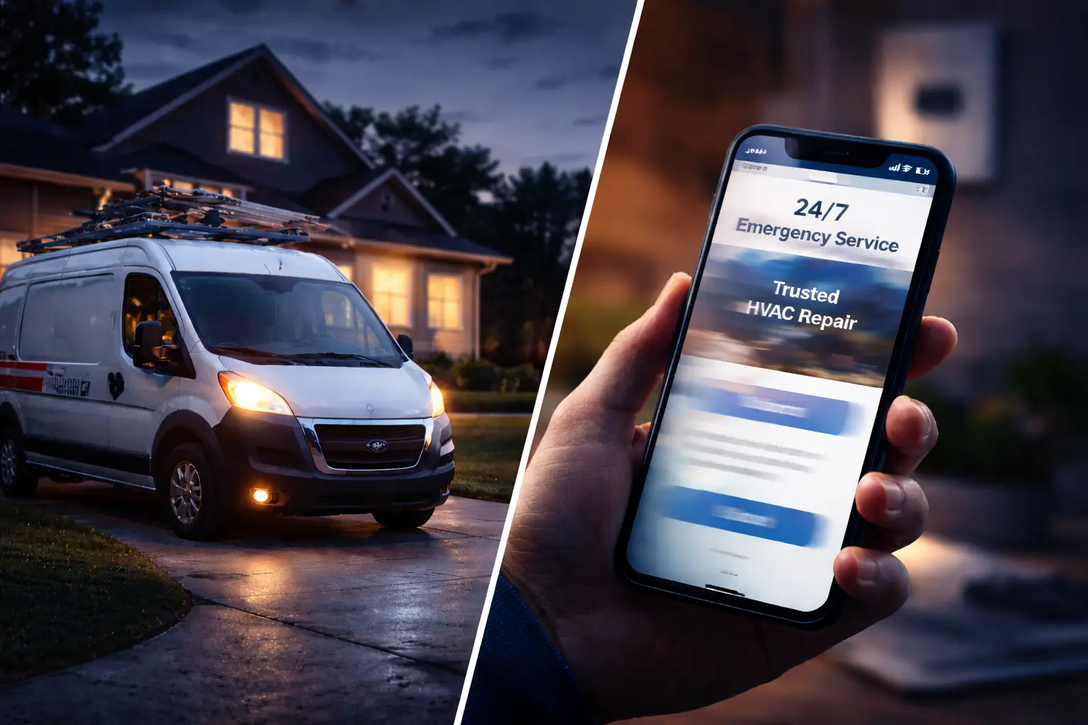 HVAC service van parked outside a home while a homeowner views a slow-loading HVAC website on a smartphone