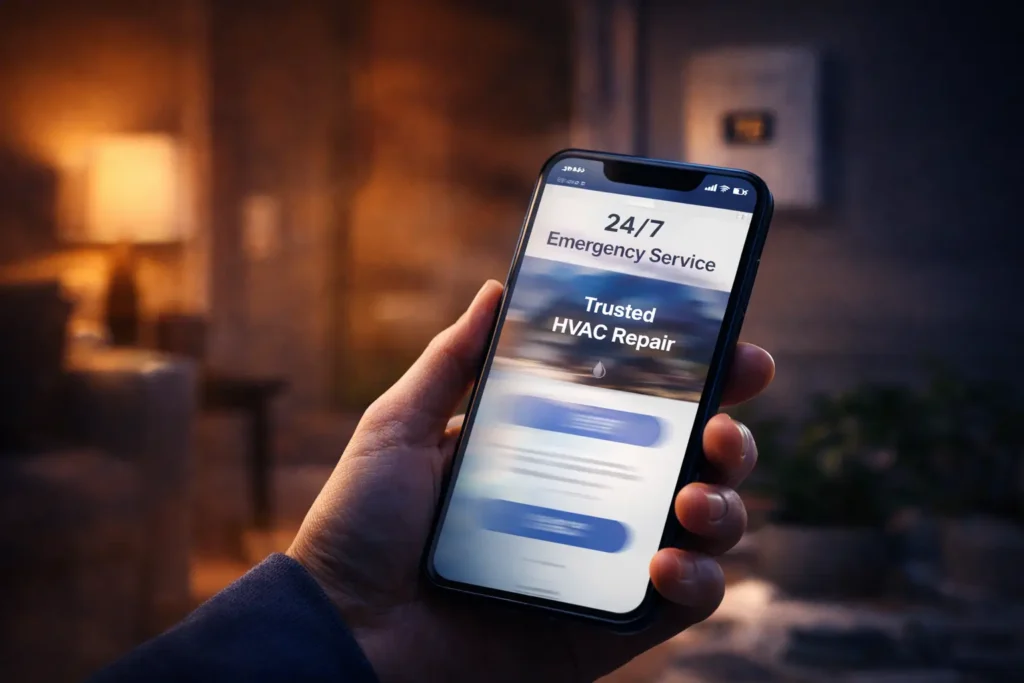 Homeowner holding a smartphone showing a slow-loading HVAC website during an emergency situation. HVAC Website Optimization
