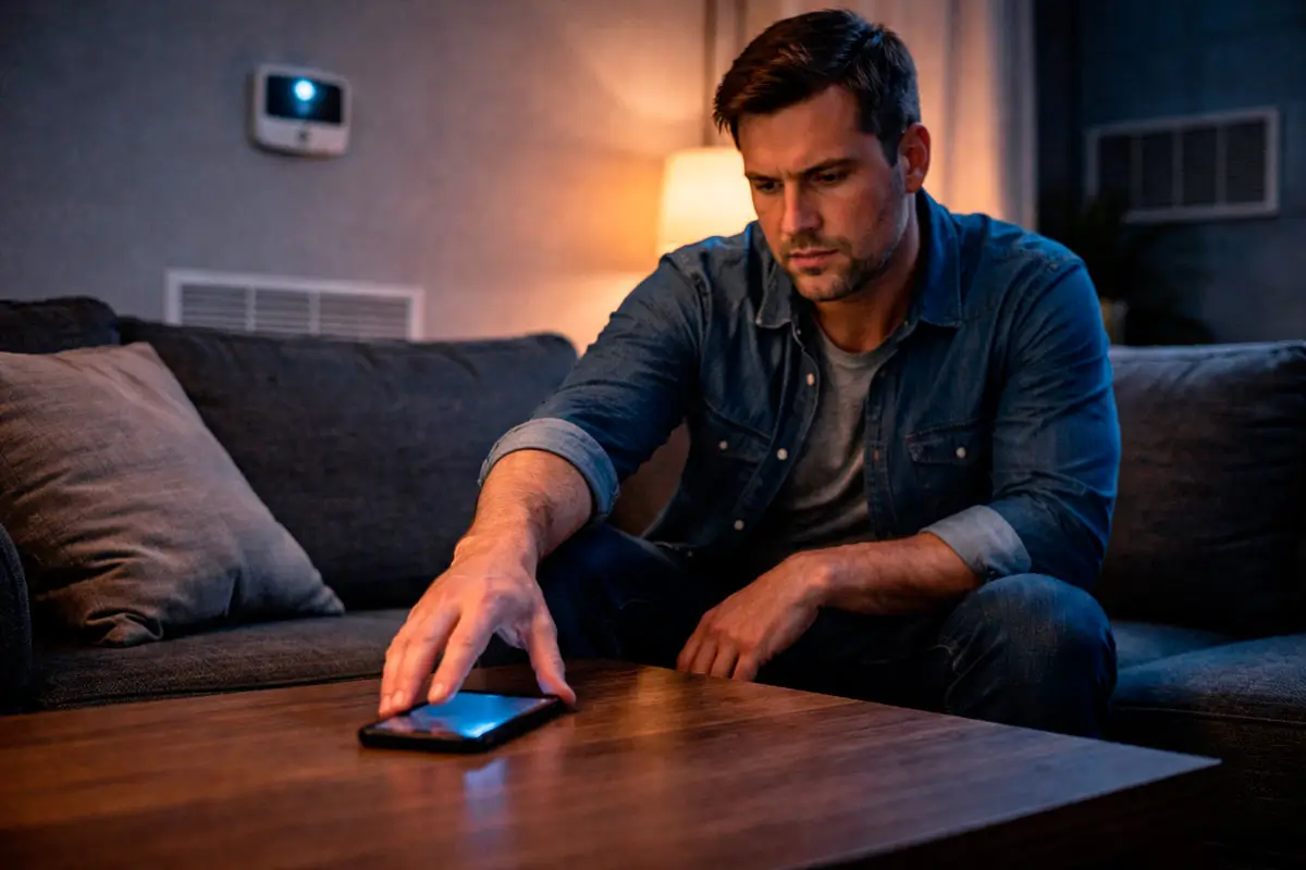 Homeowner placing smartphone face down after struggling with a slow HVAC website, showing a lost lead moment