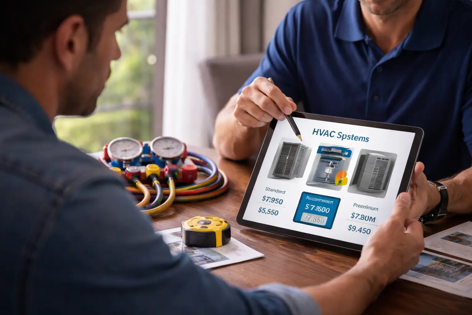 HVAC technician showing pricing options on a tablet to a homeowner, helping with website-driven decision making. HVAC website conversion