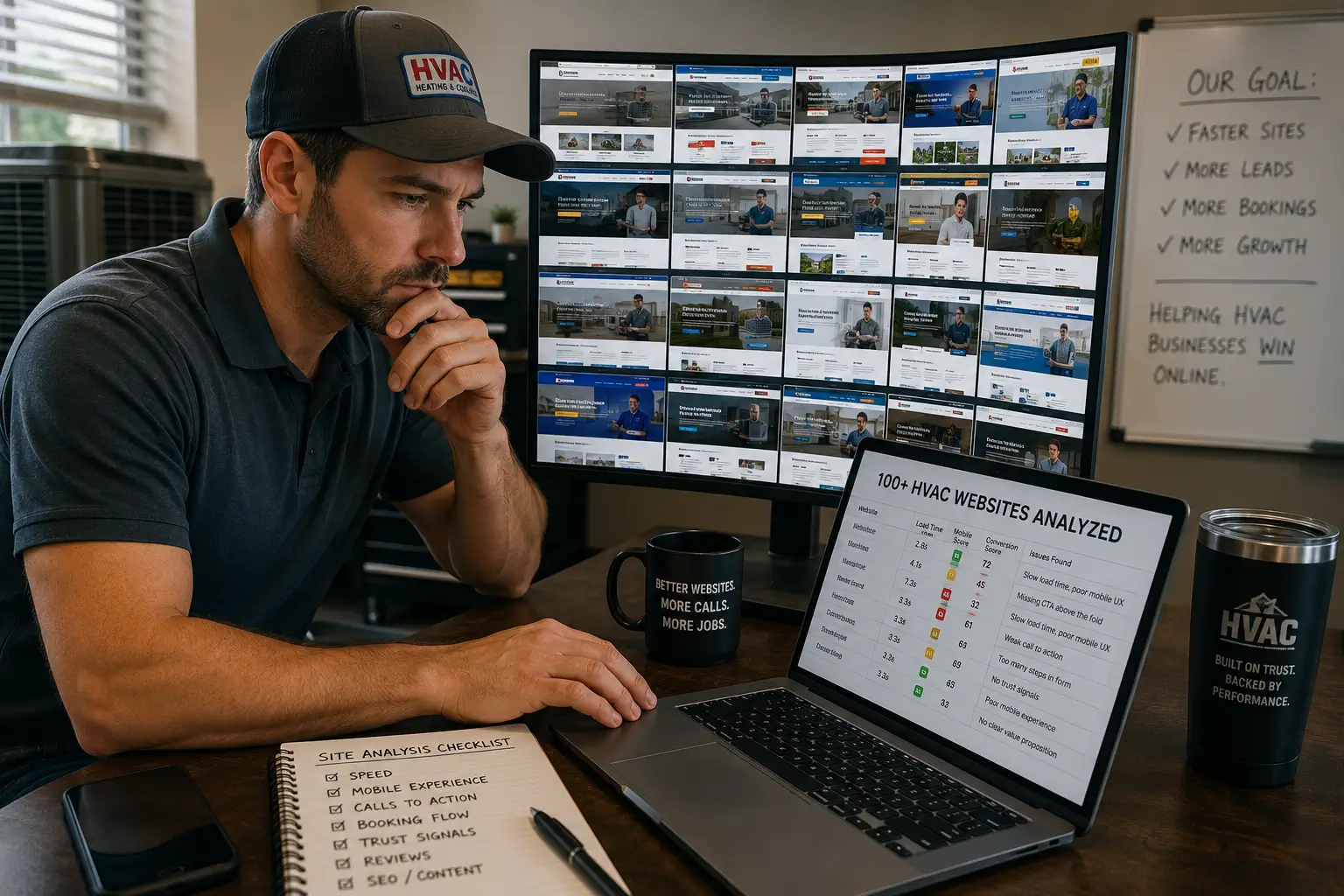 HVAC business owner analyzing multiple HVAC websites to identify speed, mobile, CTA, and booking flow conversion issues.