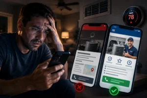 Stressed homeowner comparing HVAC company websites on a smartphone during an emergency search while evaluating fast and slow mobile website experiences.