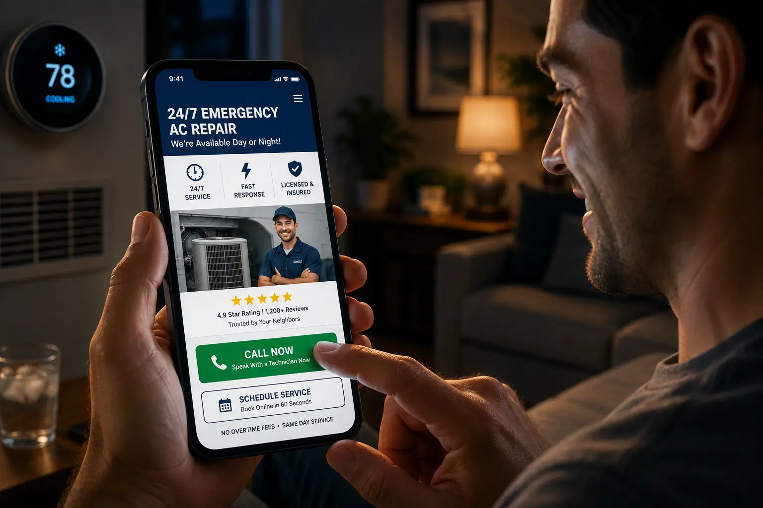 Homeowner confidently contacting an HVAC company through a fast, trustworthy, mobile-friendly emergency HVAC website with clear call-to-action buttons and reviews.