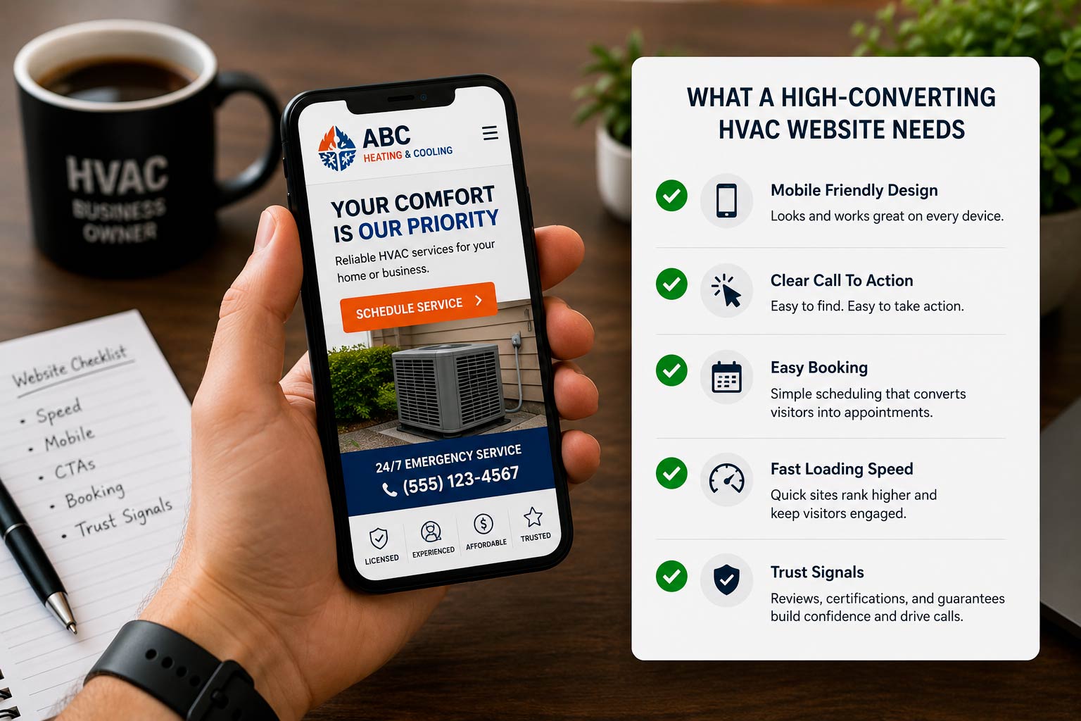 Checklist showing the essential elements of a high-converting HVAC website including mobile design, speed, CTAs, booking flow, and trust signals.