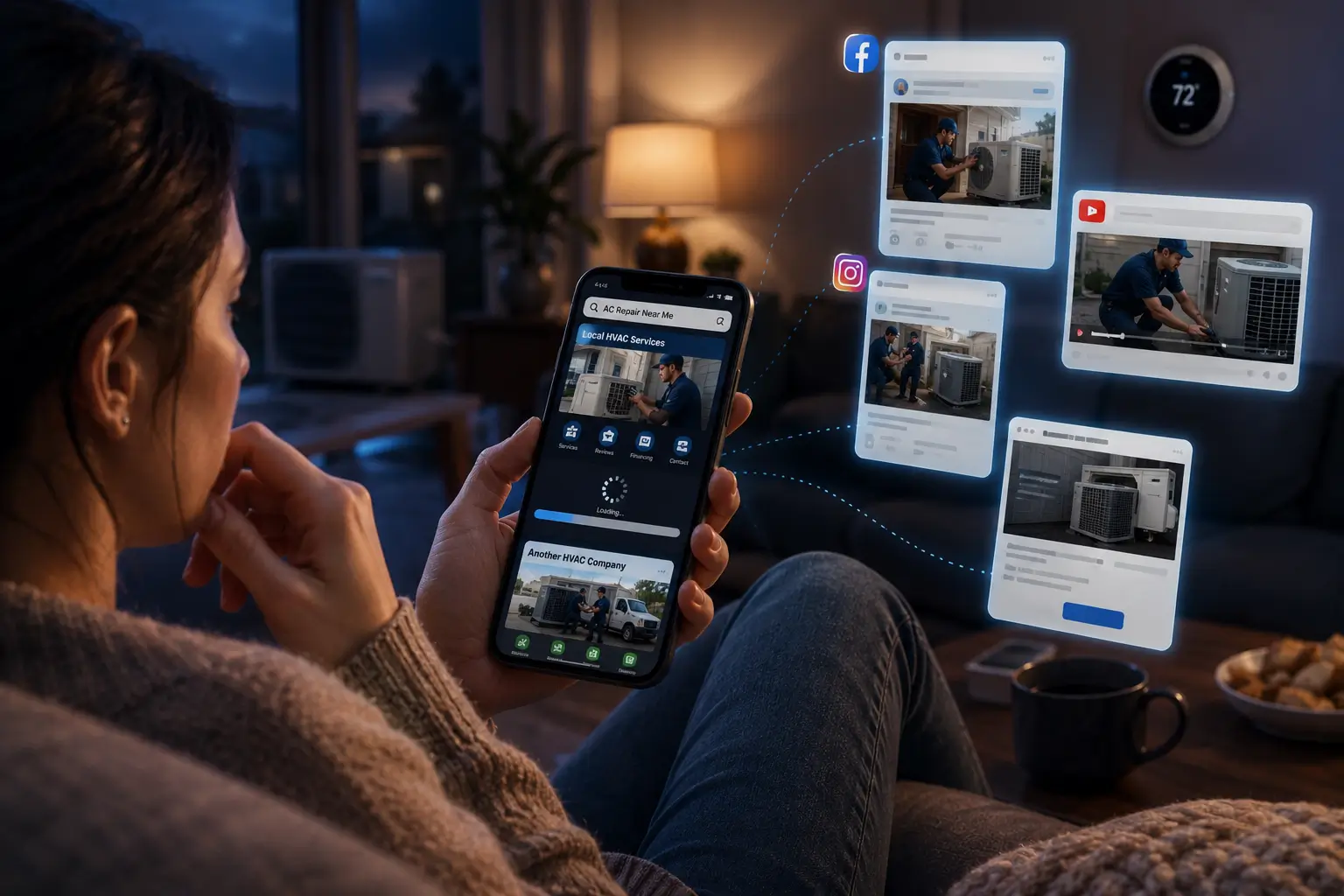 Homeowner comparing HVAC companies on a smartphone while retargeting ads and HVAC service promotions appear across social media and mobile apps.