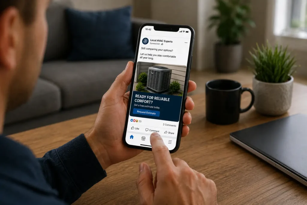 Homeowner viewing an HVAC retargeting ad on a smartphone