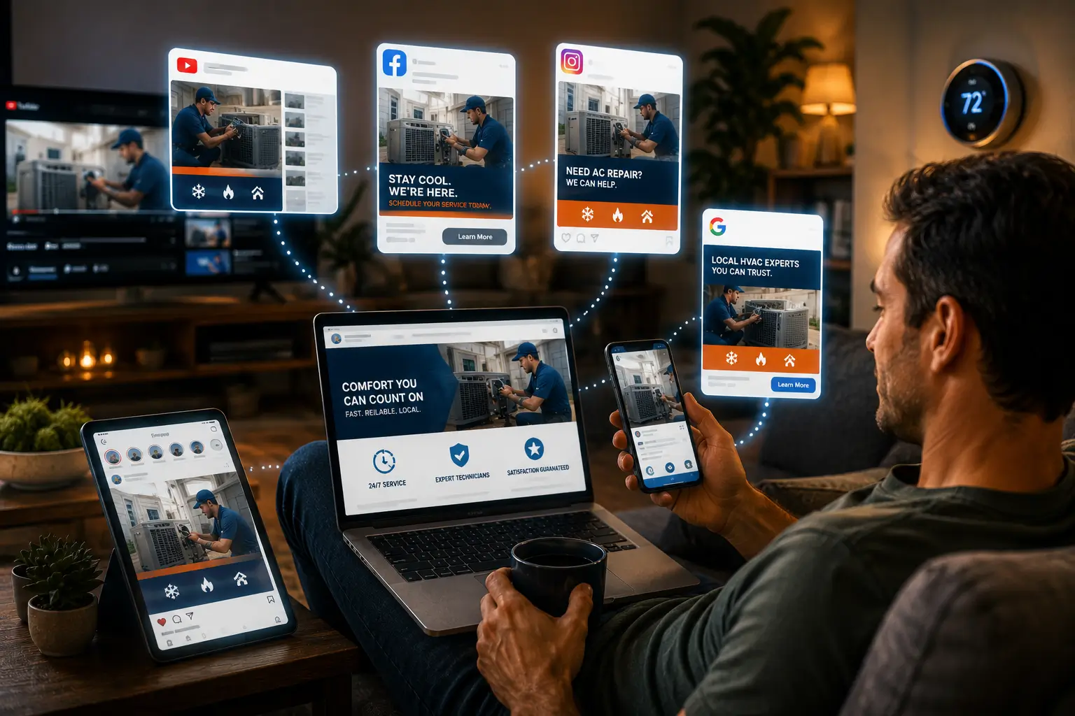 Homeowner seeing HVAC retargeting ads across mobile devices, social media, and websites after previously visiting an HVAC company website.