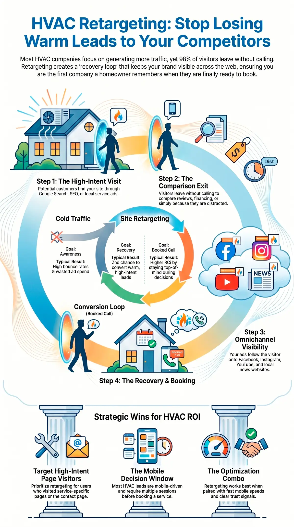 Detailed HVAC retargeting infographic showing how HVAC companies recover lost leads through website retargeting, omnichannel visibility, mobile decision-making, and conversion-focused marketing strategies.