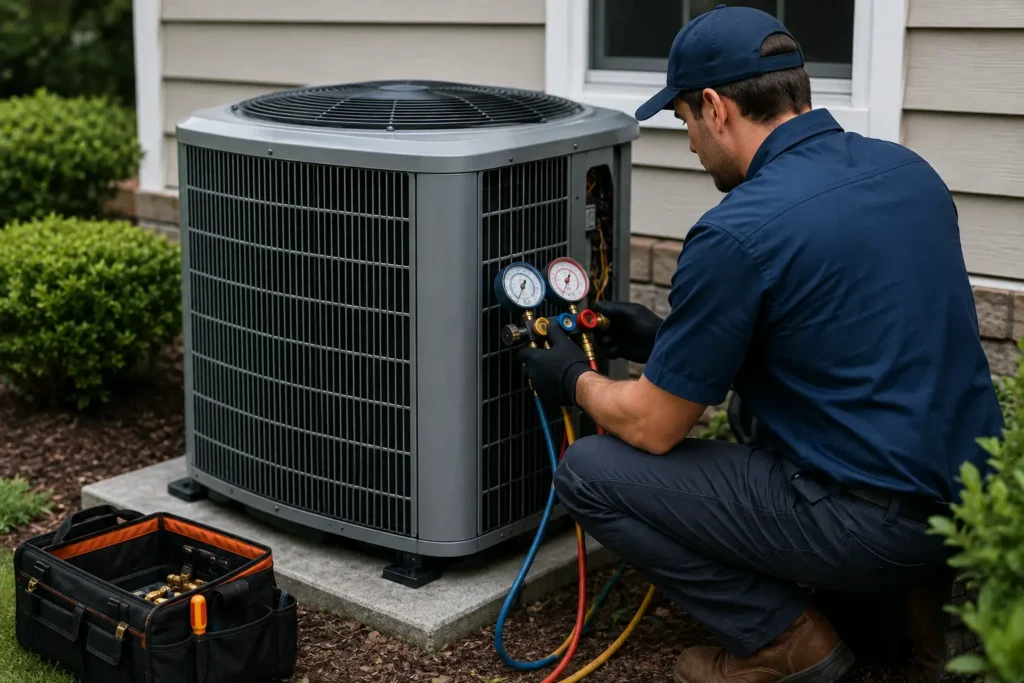 HVAC technician servicing an outdoor air conditioning unit at a home
