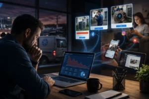 HVAC business owner reviewing lost website leads and retargeting analytics on a laptop while HVAC ads follow visitors across mobile and social media platforms.