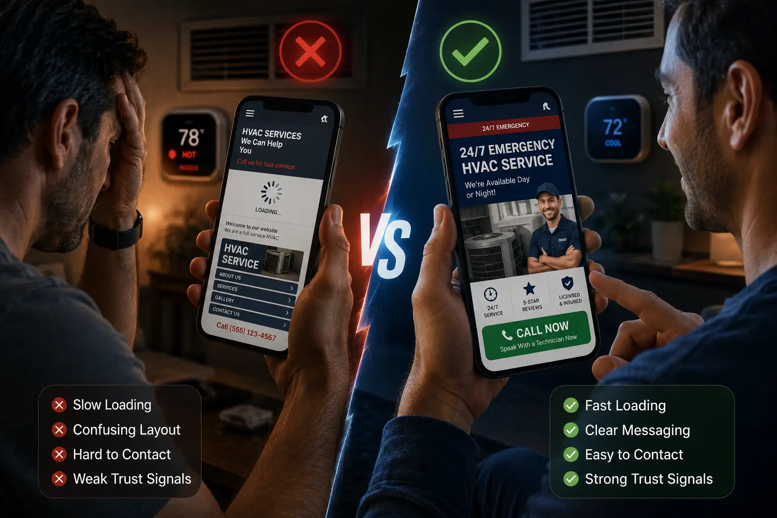 Split-screen comparison between a slow, outdated HVAC website and a fast, modern emergency HVAC website optimized for mobile conversions and booked calls.