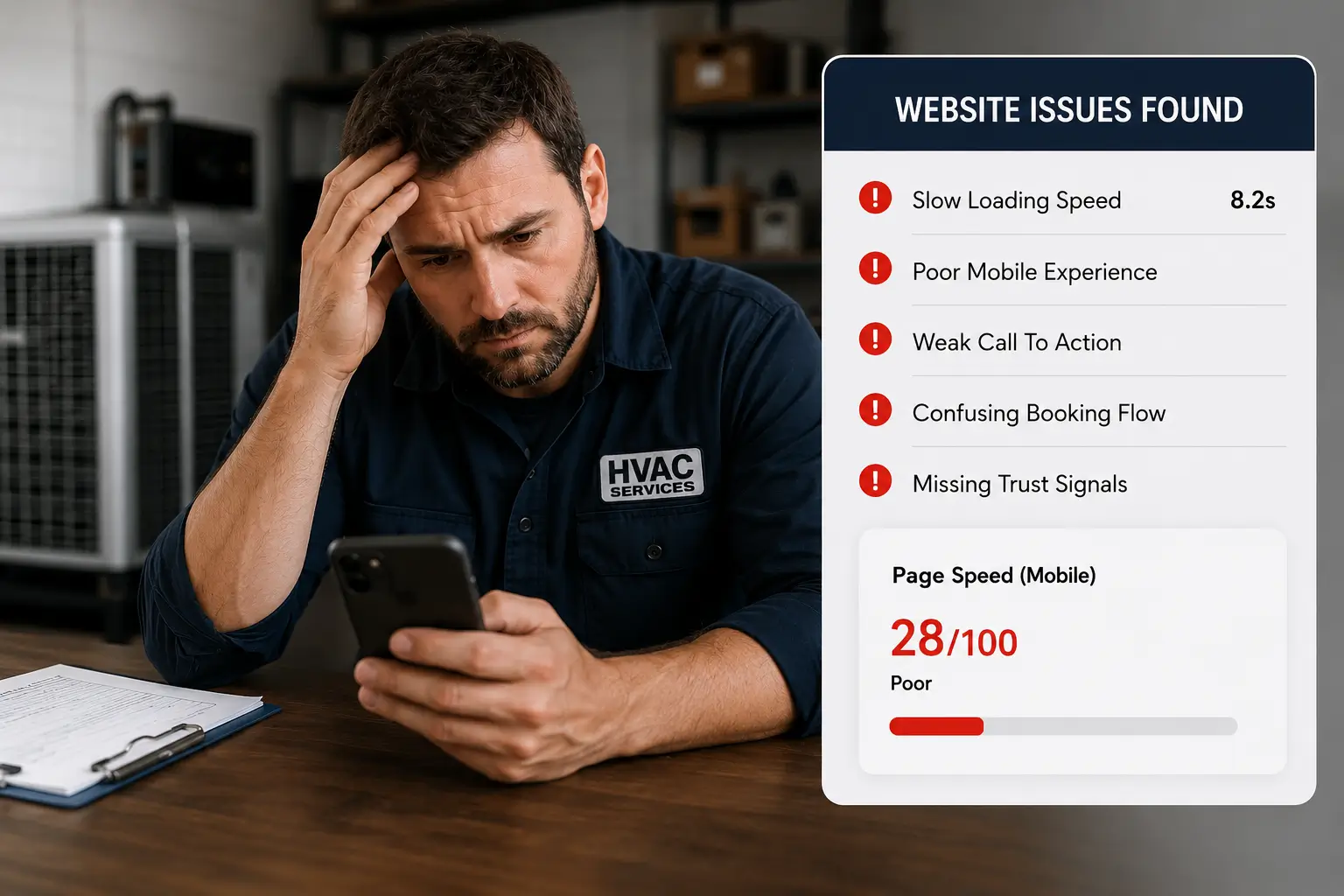 HVAC business owner reviewing website audit report showing speed, mobile, CTA, booking flow, and trust signal issues.