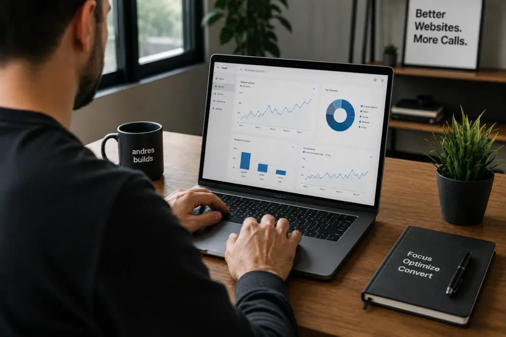 HVAC website traffic and conversion analytics being reviewed on a laptop