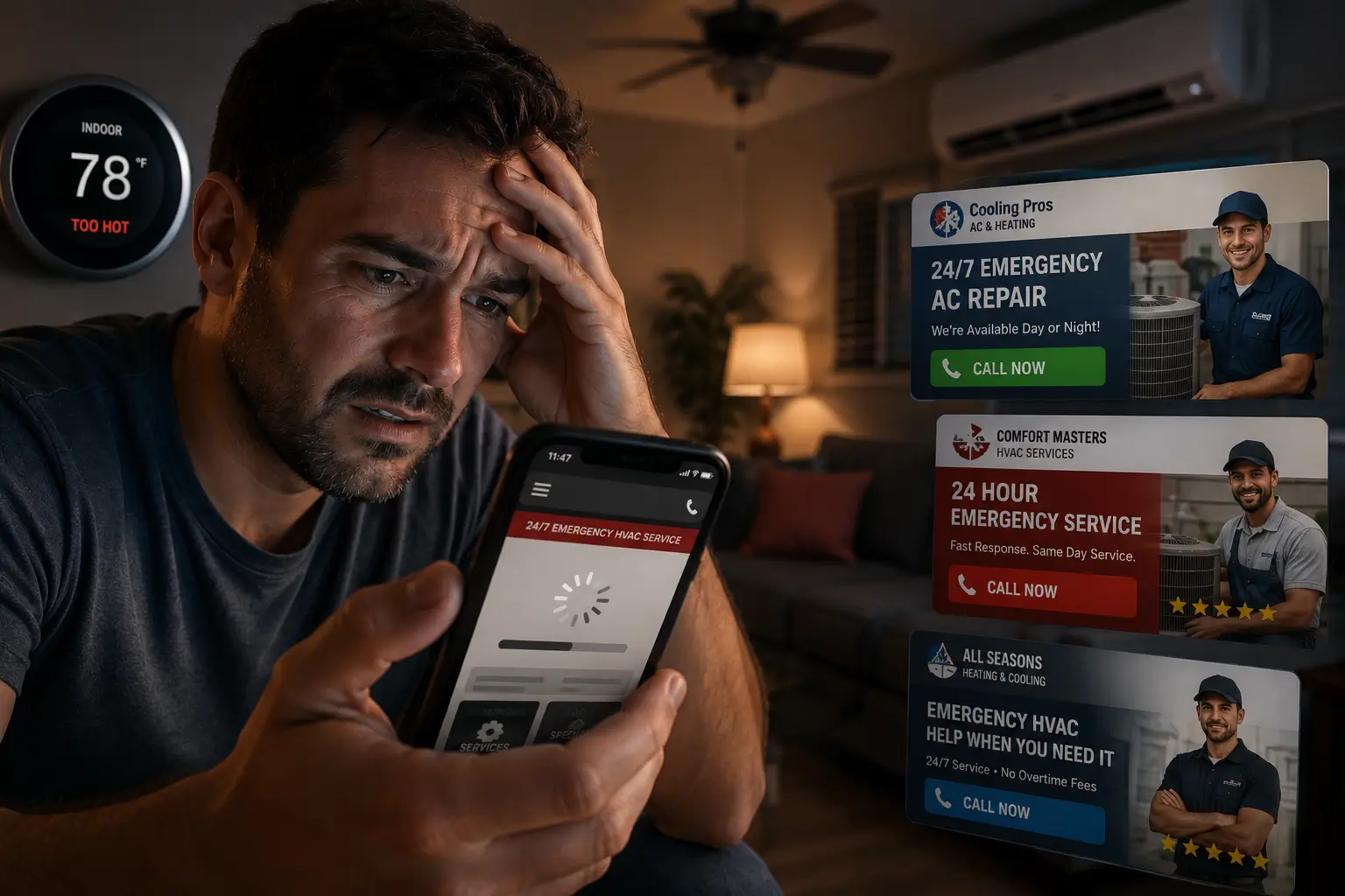 Frustrated homeowner using a smartphone during an emergency HVAC search while a slow-loading HVAC website causes hesitation and lost leads.