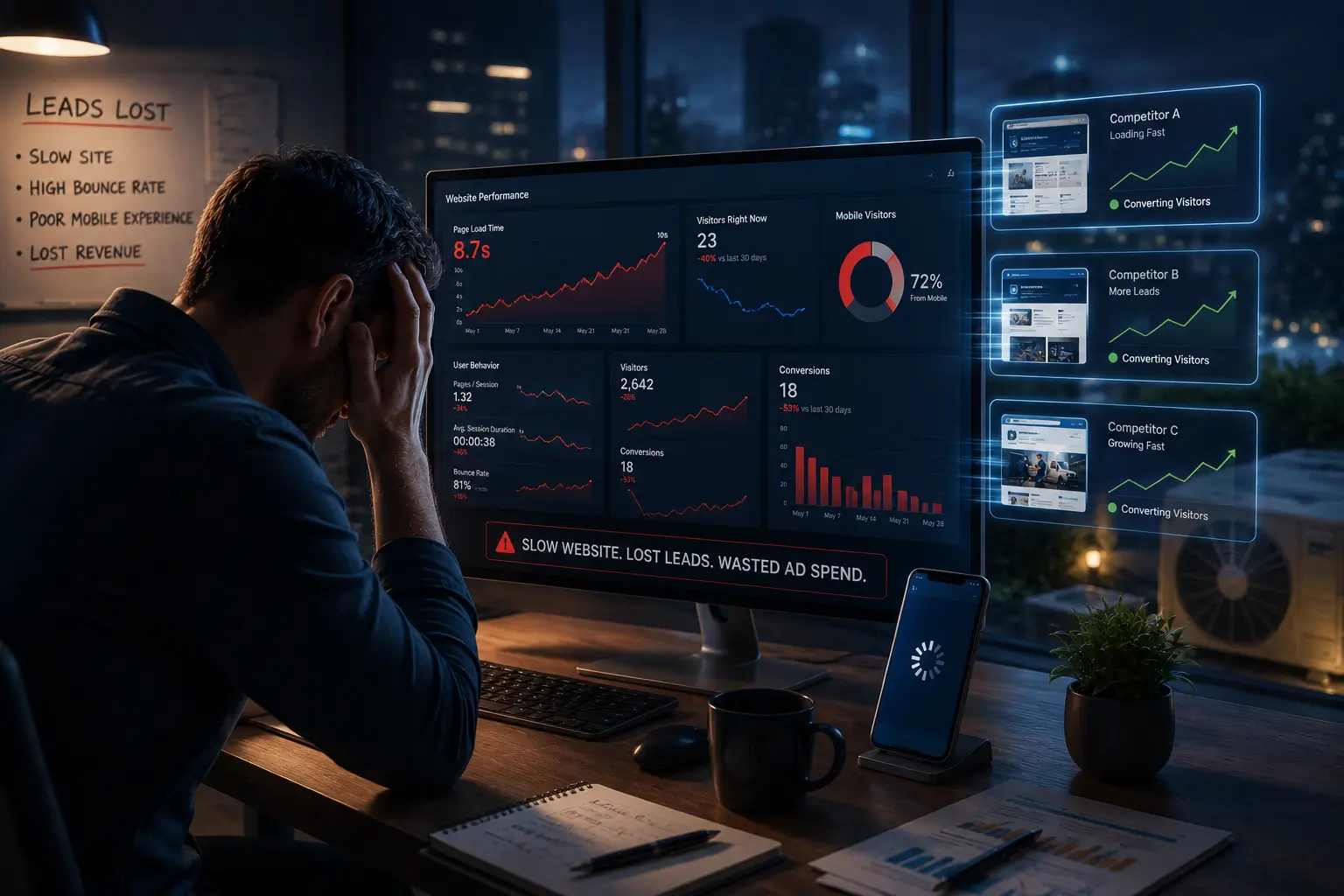 Frustrated HVAC business owner reviewing slow website analytics, lost leads, mobile abandonment, and competitor performance dashboards.