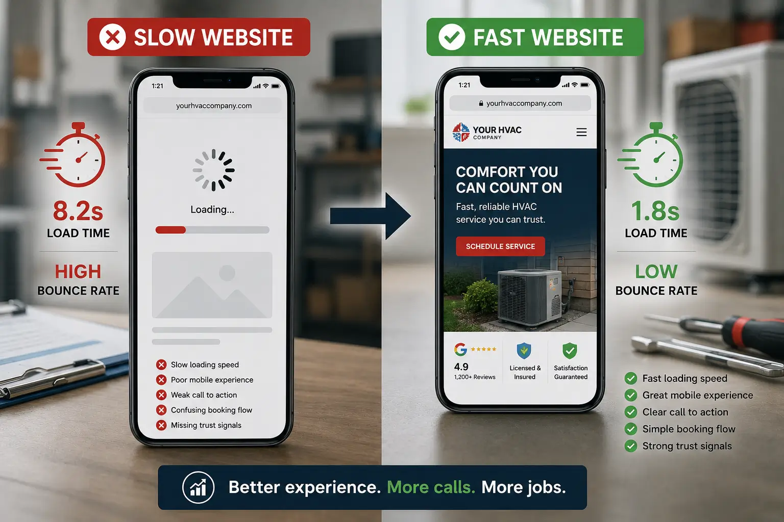 Comparison of slow vs fast HVAC websites showing load time differences and impact on bounce rate and conversions.