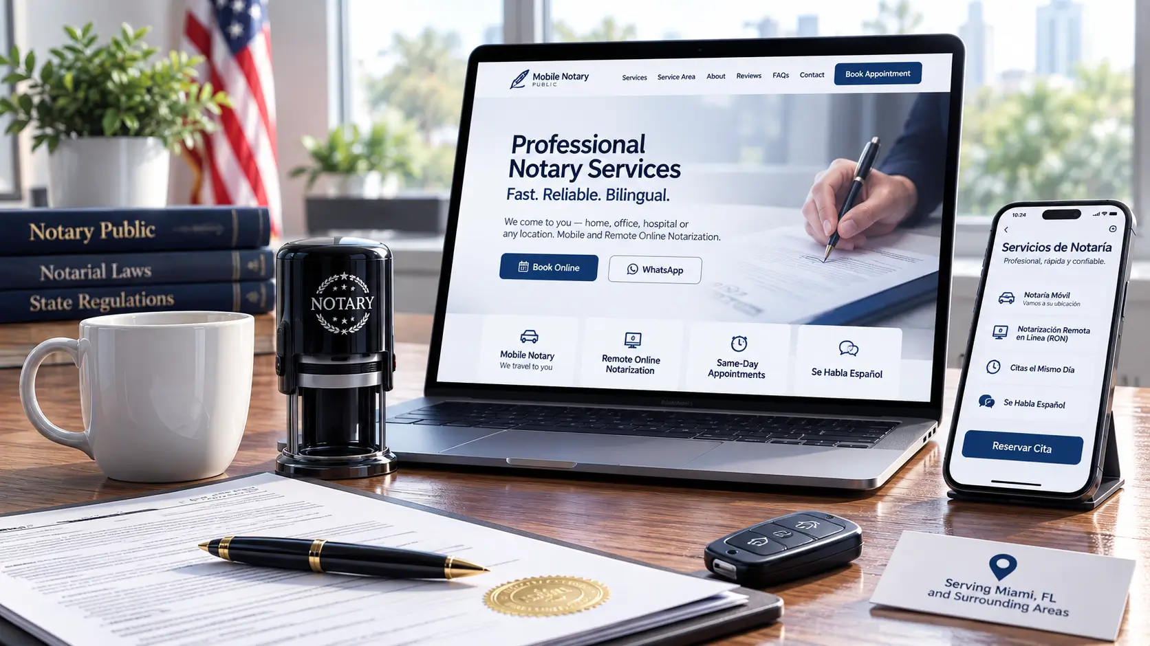 Professional notary website shown on desktop and mobile with bilingual services, online booking and mobile notary options